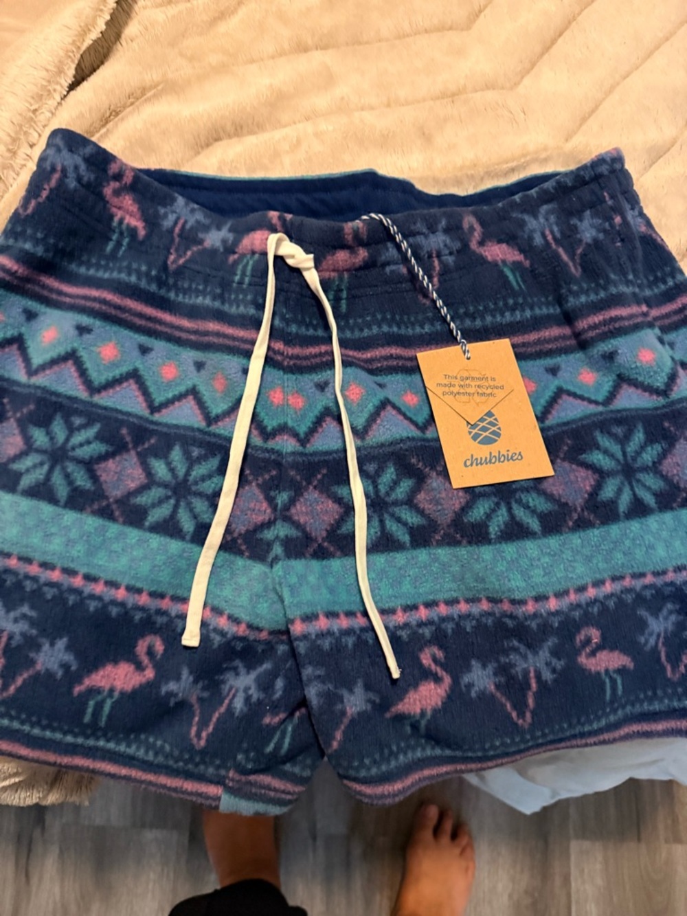 Chubbies Navy, Teal & Pink Flamingo Fleece  Shorts happy holidays 5.5